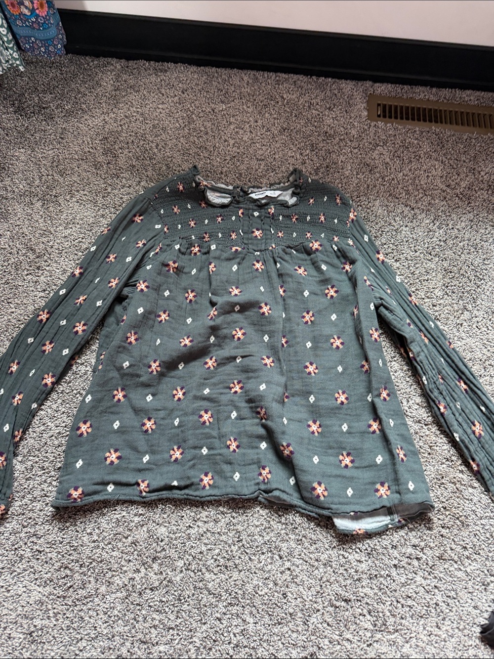 Sonoma Olive Green Floral Smocked Long Sleeve Blouse